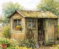Watercolour illustration of a small wooden garden shed surrounded by flowers.
