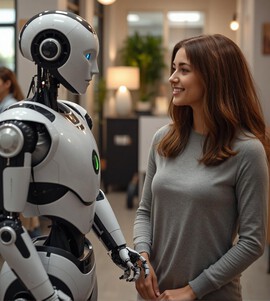 Woman talks to robot